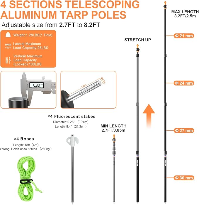 CAMULAND Tent Poles, Heavy Duty Tarp Poles Canopy Poles Aluminum Tent Poles with Non-Slip Cone Bottom, Adjustable Telescoping Tarp Poles