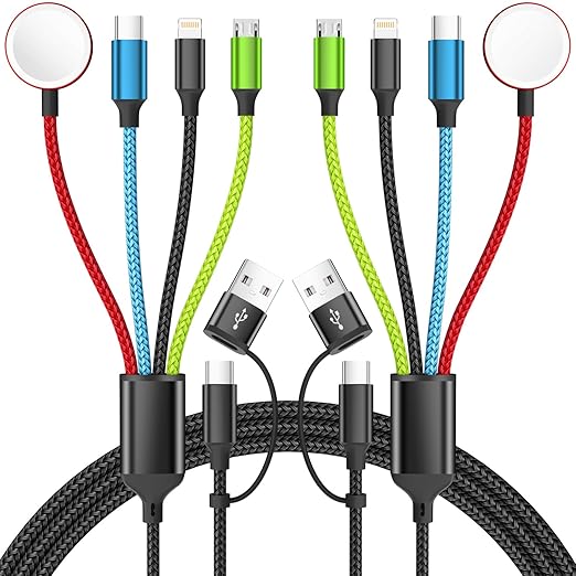 Travel Essentials 4 in 2 Multi Charging Cable for Apple iWatch Charger, USB A/USB C Multiple Charger Cord for iWatch Ultra/SE/10-2, iPhone 17-11, Galaxy S25-21, iPad (2PACK 5FT)