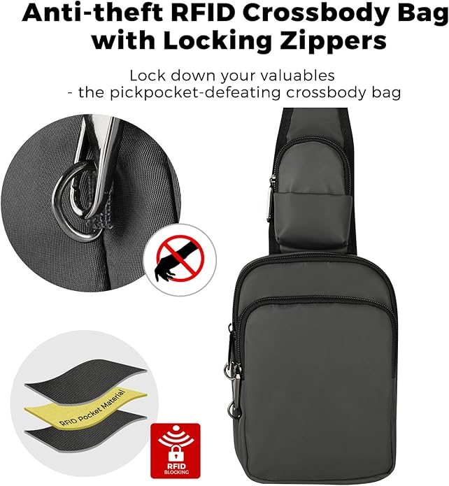 VADOO Sling Bag, Crossbody Bag with Zipper Lock, RFID Blocking & Water Resistant for Men and Women