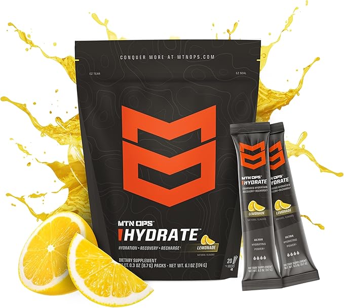 MTN OPS Hydrate Electrolytes Powder Drink Mix, 20 Single Serving On-The-Go Electrolyte Packs with Over 1000mg of Electrolytes per Serving, Lemonade