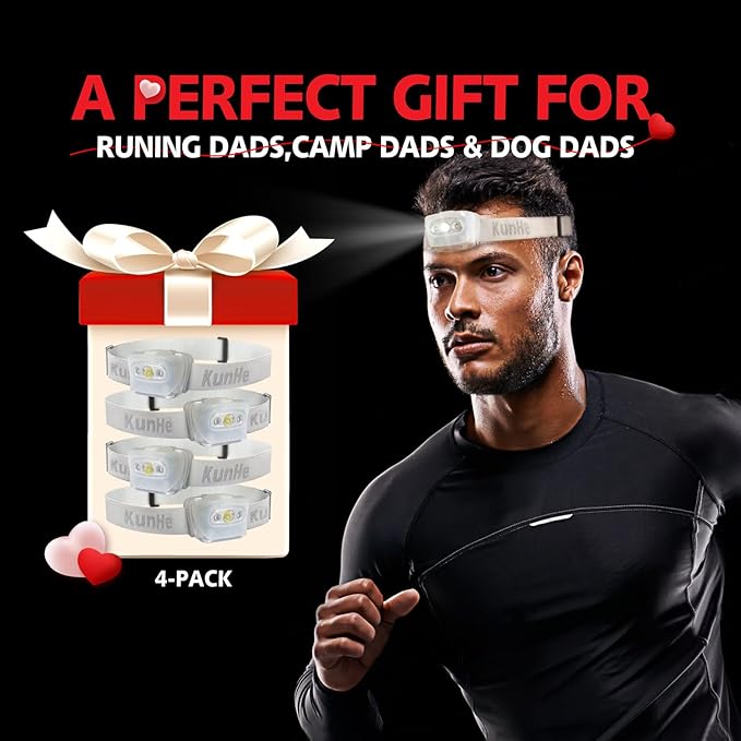 KunHe 4 Pack LED Headlamp Flashlight for Adults & Kids Camping Hiking Glow in The DarkHead Lamp with White & Red Light Comfortable Headband Lightweight & Waterproof with 12 AAA Batteries