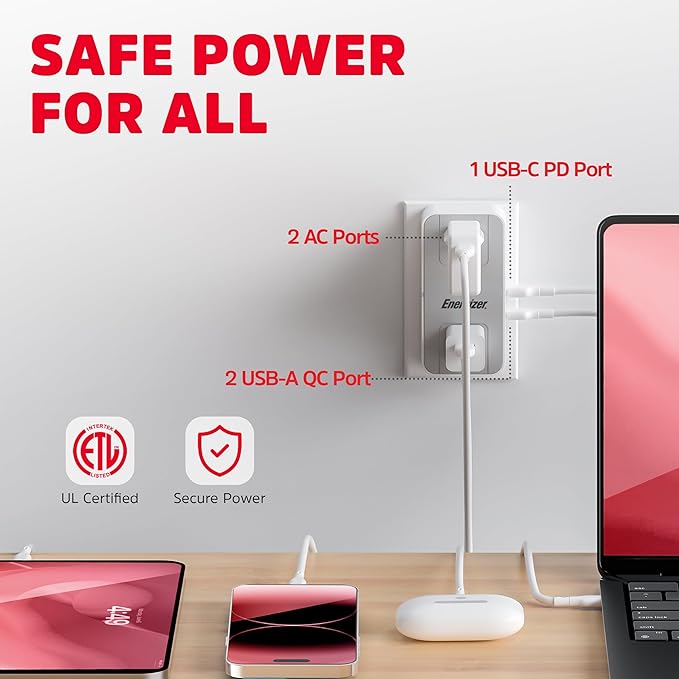Energizer 5 Device Fast Charging Multi Plug Wall Outlet Extender (2) AC Power Outlets (1) 20W PD Type C (2) USB A (3.1A Total Output) Power Strip Expander Outlet Splitter Plug in Adapter