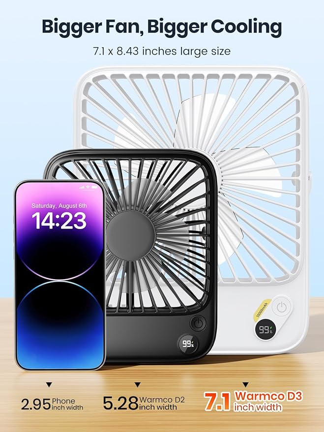 Warmco 10000mAh Portable Travel Fan 7-inch, [10-24H Runtime] Ultra-thin Digital Display Mini Desk Battery Operated Fan for Bedroom, Camping, Cruise Essentials 2025