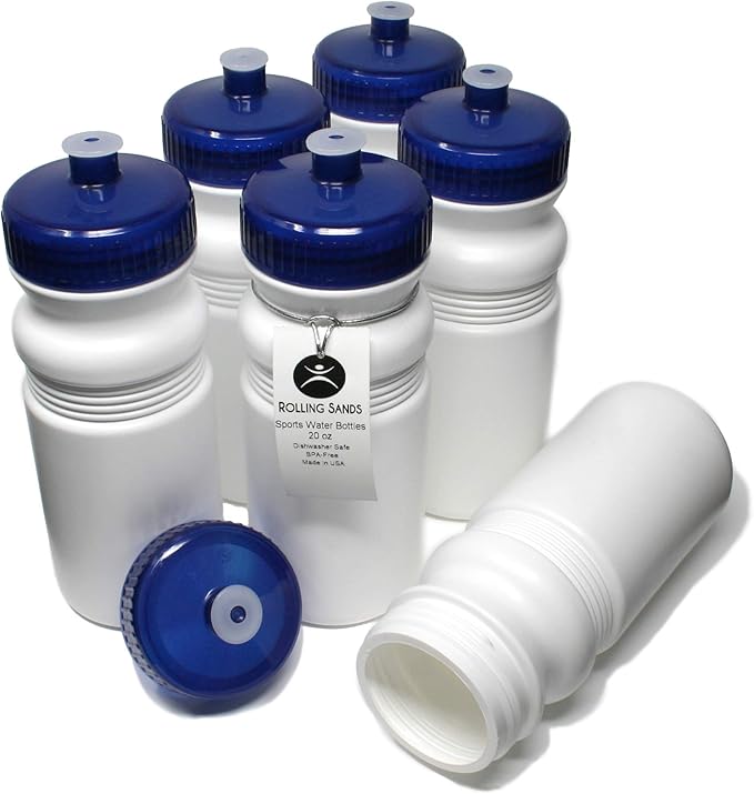 Rolling Sands USA Made 20 Ounce Sports Water Bottles - 6-Pack BPA-Free Blank Sports Bottles for Small Teams, Adults & Kids - White Bottle/Navy Lid, No Smell No Taste