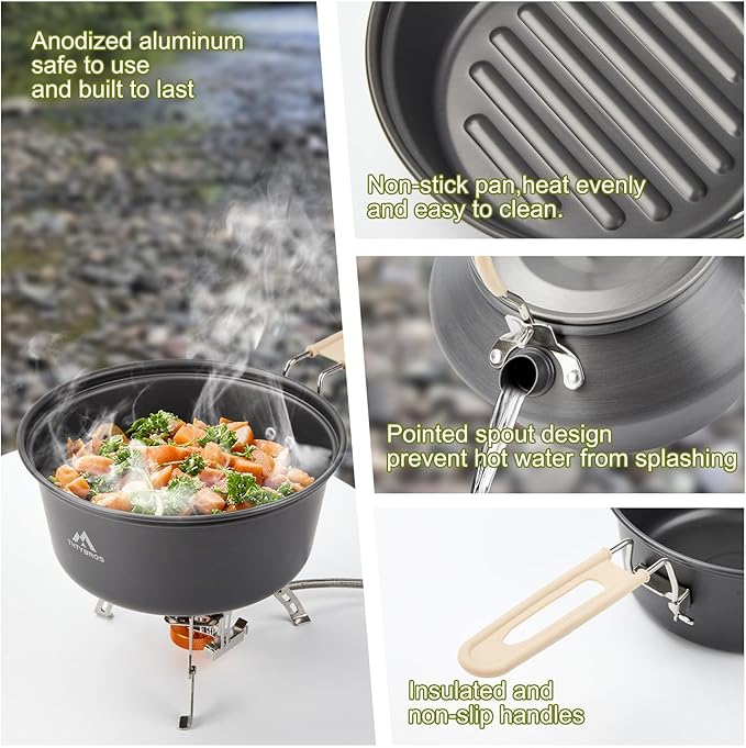 17pcs Camping Cookware Kit, 0.45Gal Pot, 7inches Pan,0.30Gal Kettle Set with 2 Set Stainless Steel Cups Plates Forks Knives Spoons for Hiking