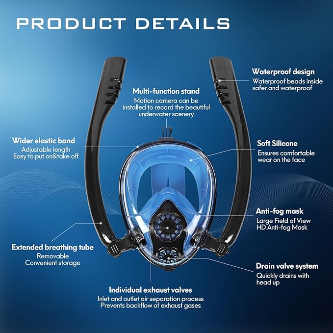 Adult Full Face Snorkel Mask, Waterproof Dual Breathing Tubes, Patented Design, Breathing Through The Nose, Professional Snorkeling Gear for Vacation, Mountable Action Camera