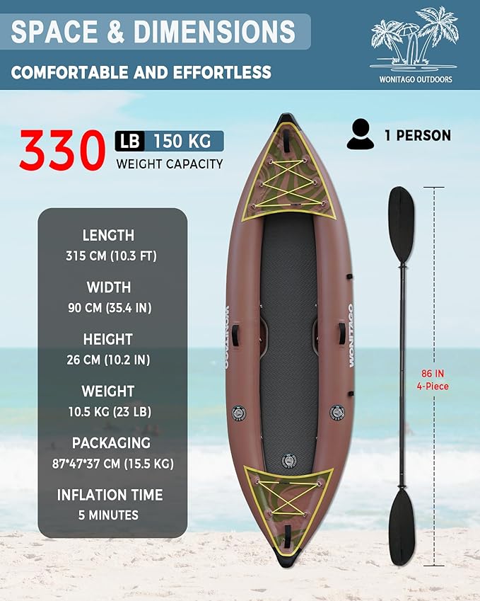 PVC Inflatable Kayak with Drop Stitch Floor, Recreational Touring Kayak with Kayak Paddle, Hand Pump and Carrying Bag, 1-2 Person