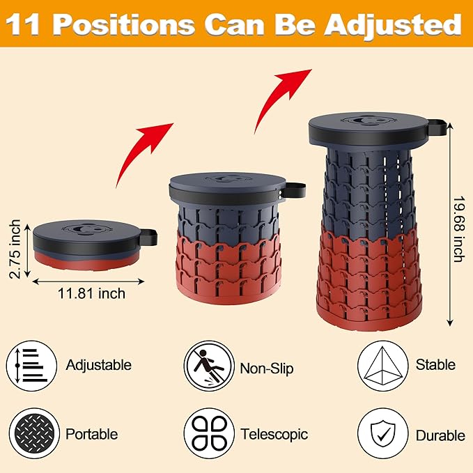 ALEVMOOM Upgraded XXL 19.7" Collapsible Stool, Heavy Duty Portable Folding Stool Max Load 1000 lbs, Retractable Telescoping Foldable Seat for Camping Fishing Hiking Travel BBQ