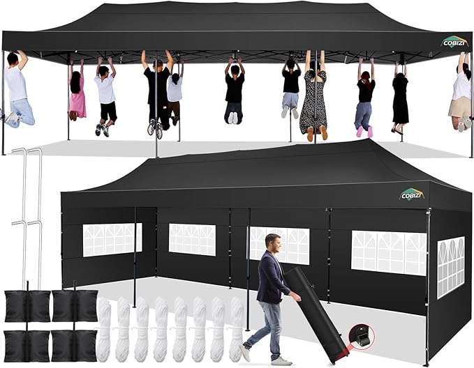 COBIZI 10x30 Pop up Canopy Tent 10x30 Canopy with 8 Sidewalls Waterproof Heavy Duty Commercial Tent for Parties Outdoor Garden Gazebo, Carry Bag with Wheel(10x30ft, Dark Black)