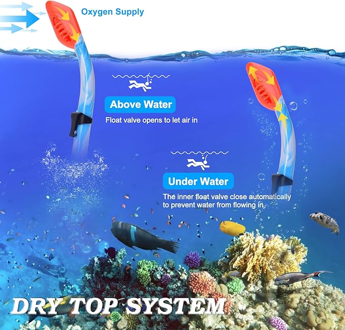 Kids Snorkel Set Dry Top Snorkeling Gear for Kids Youth Boys Girls Junior Age 5-15,Tempered Glass Swimming Diving Mask and Snorkel Set 180 Degree Panoramic View