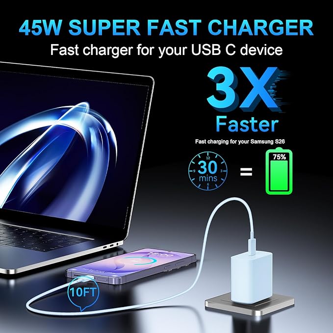 45W USB C Super Fast Charger Type C Charger Fast Charging Android Phone Charger Block with 8FT Type C Charging Cable for Samsung Galaxy S26 Ultra/S26/S26+/S25/S25 Ultra/S25+/S24 Ultra/S23 Ultra/S26