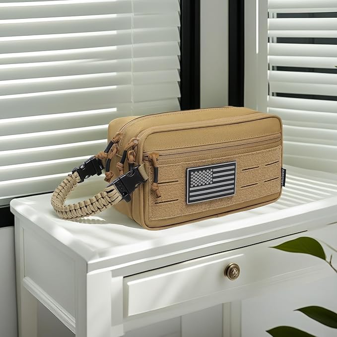 Tactical Toiletry Bag for Men Dry Wet Separate Dopp Kit Travel Hygiene Bag EDC Utility Tool Molle Pouch Mens Shaving Kit Travel shower Bags (Khaki)