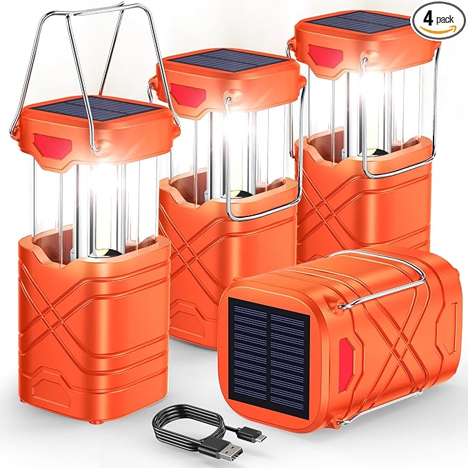 LETMY 4 Pack Camping Lantern, Rechargeable LED Lanterns, Solar Lantern Battery Powered Hurricane Lanterns Flashlight with 3 Powered Ways & USB Cable for Emergency, Power Outage, Hurricane Supplies