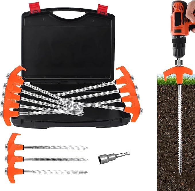 8" Tent Stakes Heavy Duty 12 Pack, Screw in Tent Stakes, Metal Threaded Camping Stakes, Ground Anchors for Canopies, Gardening and Inflatable Decor, with Storage Box and Hex Socket