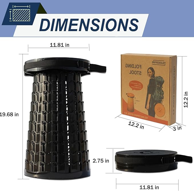 ALEVMOOM XXL Telescoping Stool with Cushion,Taller 19.7"Wider 11.8" Collapsible Chair More Sturdy Capacity 1000Ib,Portable Camping Adjustable Stool for Garden Fishing Hiking Mountain BBQ (Large Black)