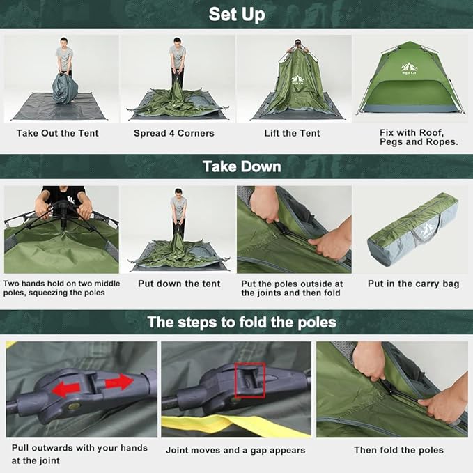 Night Cat Instant Popup Tents 2-3 Persons with Footprint Tarp Easy Setup Camping Tent with Rainfly Double Layers Waterproof Automatic Hydraulic Mechaism