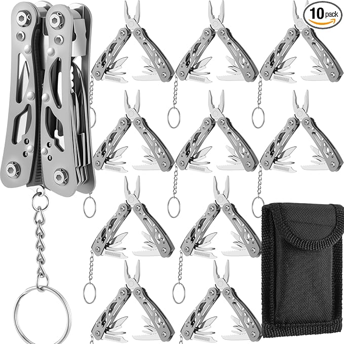 Lasnten 10 Sets Small Multitool Pliers Gift for Men, Stainless Steel Multi Tool with Oxford Cloth Cover, Pliers Foldable Knife Bottle Opener Screwdriver Apply to Camping Dad Gifts(Gray)