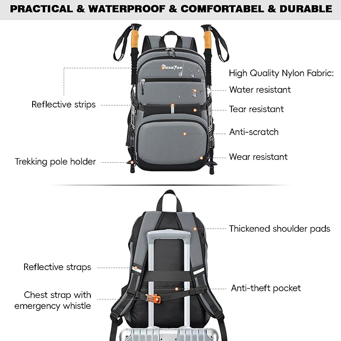 Seektop 40L Hiking Backpack Foldable Daypack for Women Men, Lightweight Travel Backpack Carry on Flight Approved Work Business Leisure Bag (Gray)