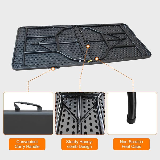 6 FT Folding Table with Carry Handle, Portable Fold-in-Half Plastic Table, Rectangle Foldable Table for Indoor/Outdoor Black