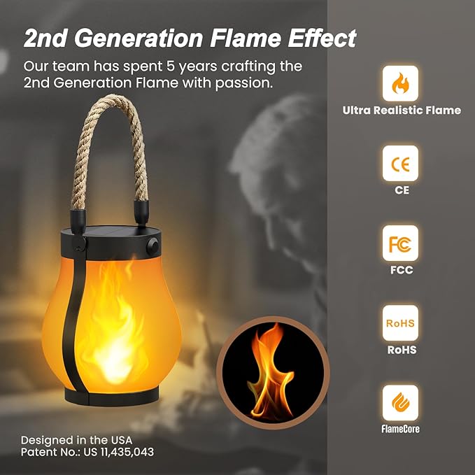 Hompavo Gen2 Solar Lanterns Outdoor Waterproof with Realistic Flickering Flame, Dual Charging (USB/Solar) & 2 Modes - Decorative Hanging/Table Lights for Yard Patio Garden Halloween Christmas Decor, 2
