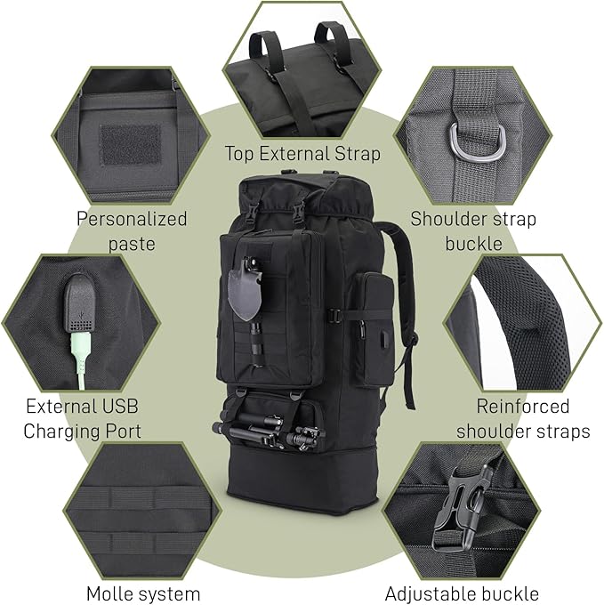100L Hiking Backpack Tactical Military Molle Rucksack with USB Charging Port - Large Capacity Men Women Camping Gear for Backpacking, Trekking, Climbing, Outdoor Travel (Black)