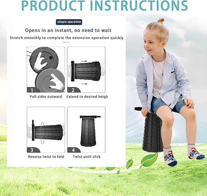 Portable Telescoping Stool, Retractable Folding Stool for Camping Garden Fishing Hiking Travel BBQ, Adjustable Collapsible Stools (Black)