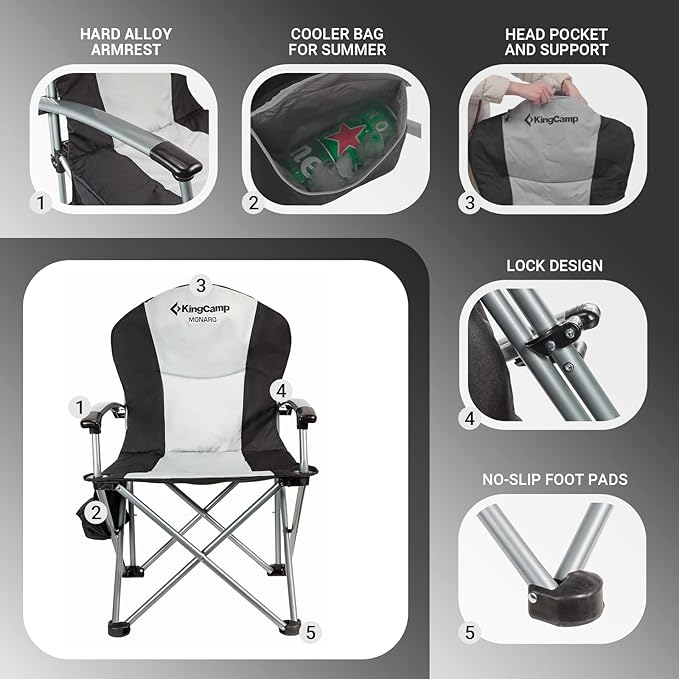 KingCamp Oversized Camping Folding Chair, Heavy Duty 450 LBS with Lumbar Support, Padded Outdoor Chair with Cup Holder, Camp Lawn Chair with Cooler Bag for Sports, Garden, Beach, Fishing