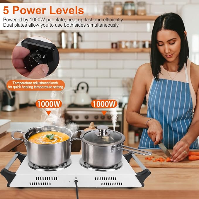 Hot Plate, 2000W Portable Electric Stove for Cooking with Stay Cool Handles & 5 Levels Adjustable Temperature, Countertop Double Coil Burner for Home RV Camp Compatible for All Cookwares,White