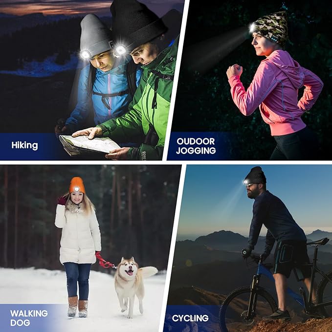 VIBELITE Bluetooth Beanie Hat with Light, USB Rechargeable LED Headlamp with Wireless Headphones, Gifts for Men, Him, Husband, Boyfriend, Grey