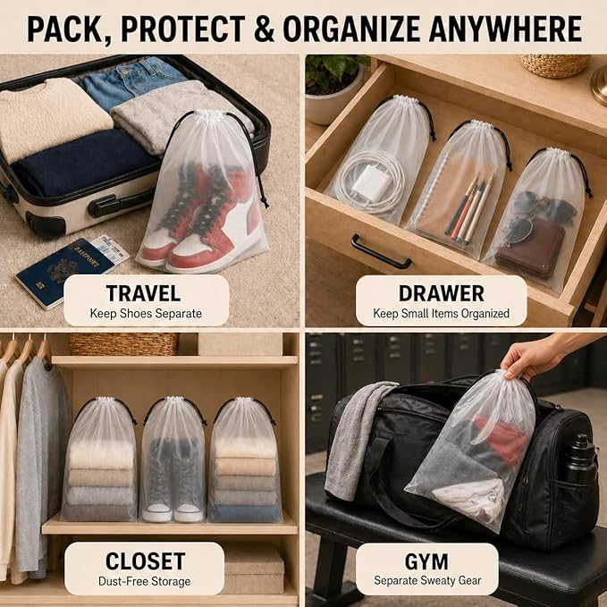18 Pack Clear Shoe Bags for Travel, 15.7"×11.8" PEVA Drawstring, Waterproof, Fits up to Men’s 12–13, Reusable Storage for Shoes, Clothes & Toiletries, Keep Luggage Tidy & Odor-Free