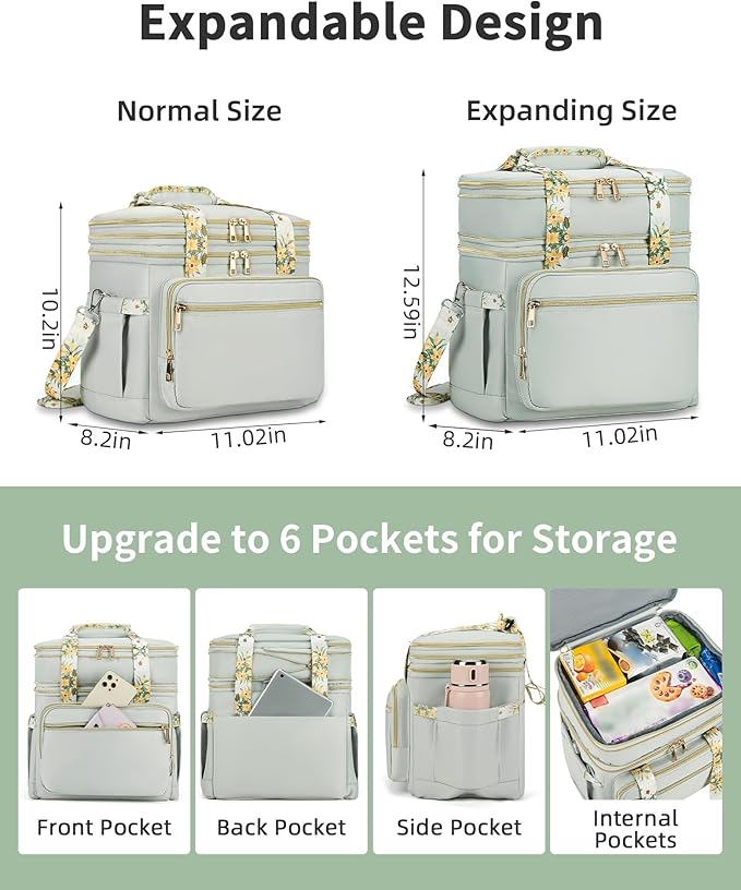 Double Deck Lunch Box for Women, Expandable Insulated Large Lunch Bag Women Leakproof Lightweight Lunch Cooler Bag Durable Lunchbox for Work Outdoor Travel, Green