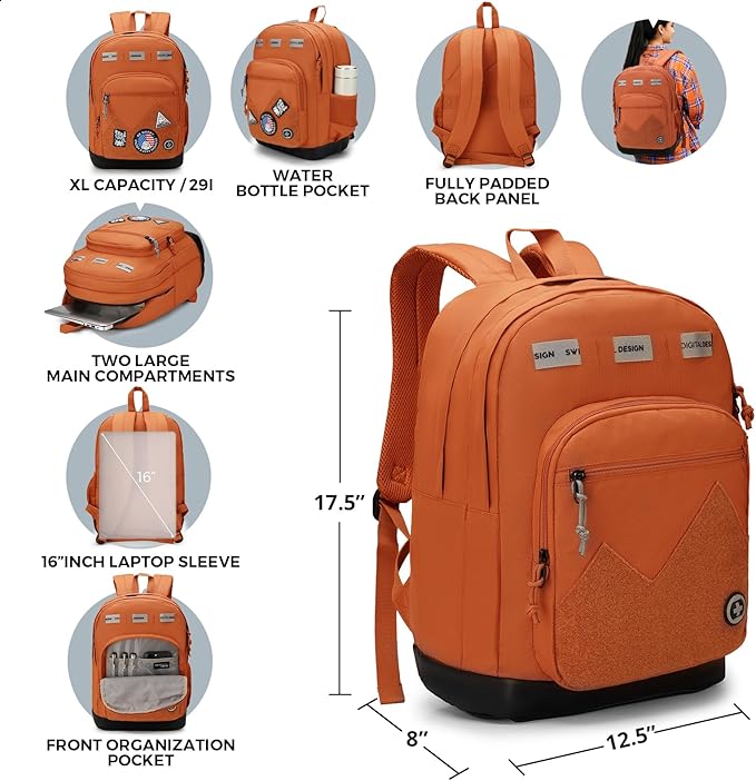 Swissdigital Design Big Student Laptop Backpack with Fun Personalized Patches For College Boy & Girl, Middle High School Teen Bookbag Cool Travel Daypack Orange - Includes 3 Patches | SD1718-33