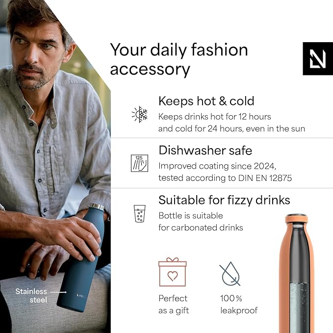 LARS NYSØM Stainless Steel Insulated Water Bottle 12 oz 17 oz 25 oz 34 oz 51 oz | Insulated Thermo Flask for Hot and Cold Beverages | Leakproof Drinking Bottle (Pumpkin Orange, 25.4 oz)