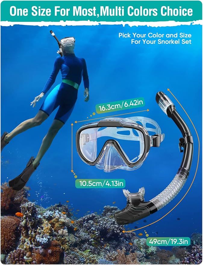 Snorkel Set Adults Snorkeling Gear Anti-Fog Panoramic View Swim Mask Dry Top Snorkel Kit with Carry Bag for Snorkeling Scuba Diving Swimming Travel