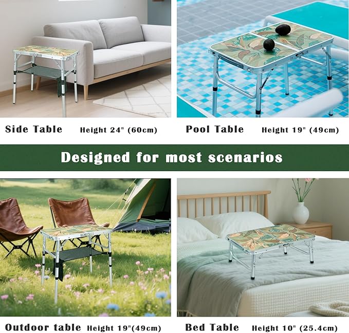 Small Folding Camping Table, 2ft Portable Picnic Table Aluminum 24" x 16" Folding Table, 3 Adjustable Heights Portable Lightweight Table Dining Table for RV, Picnic, Beach (Green Leaf)
