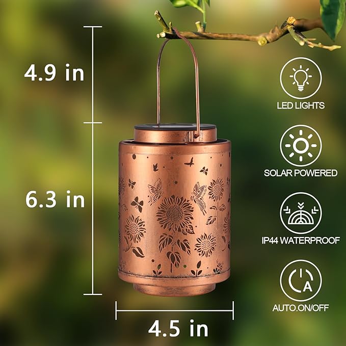 Solar Outdoor Lanterns, Butterflies Garden Decor LED Light Hanging Waterproof Metal Lanterns for Patio, Pathway, Yard