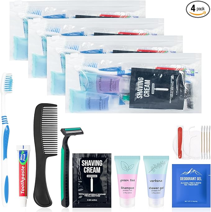 Bulk Travel Size Toiletries Kit Travel Toiletry Kit for Women,Bulk Homeless Care Package Supplies in Zip Pouch,Toiletries Set for Camping Hotel Homeless Charity Men Women Students (4)