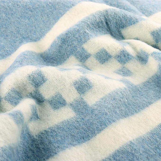 Inca Wall - Thick Alpaca Wool Blanket Heavyweight Camping Outdoors Indoors Soft Peru Queen Size New Ethnic Design (Soft Blue/Ivory, Queen Size)
