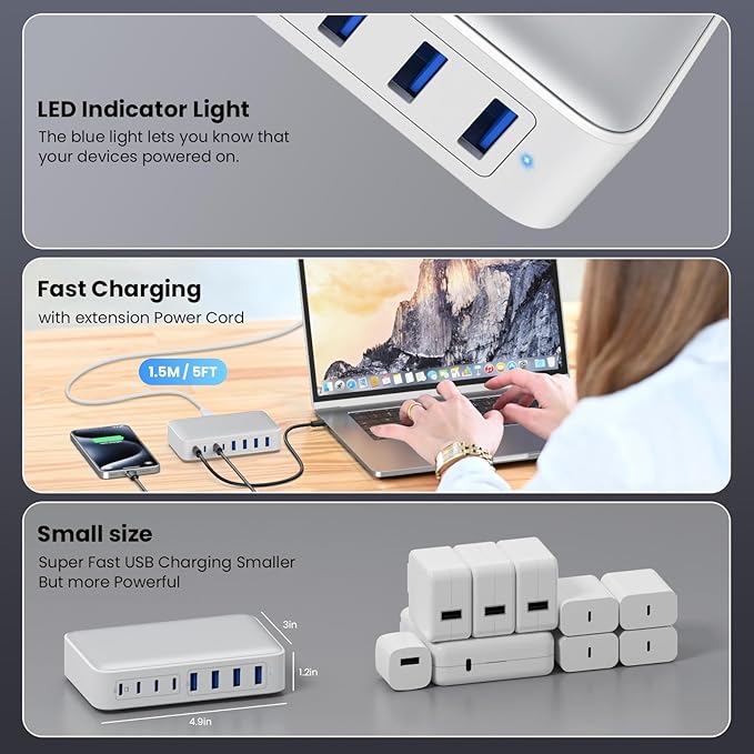 USB C Charger 200W USB C Charger Block,Upgraded GaN III 8-Port Fast Charging Station Hub,PD 65W Laptop Charging Adapter Compatible with MacBook Pro/Air,DELL,Steam Deck,iPhone 16/15/14,Galaxy S23/22