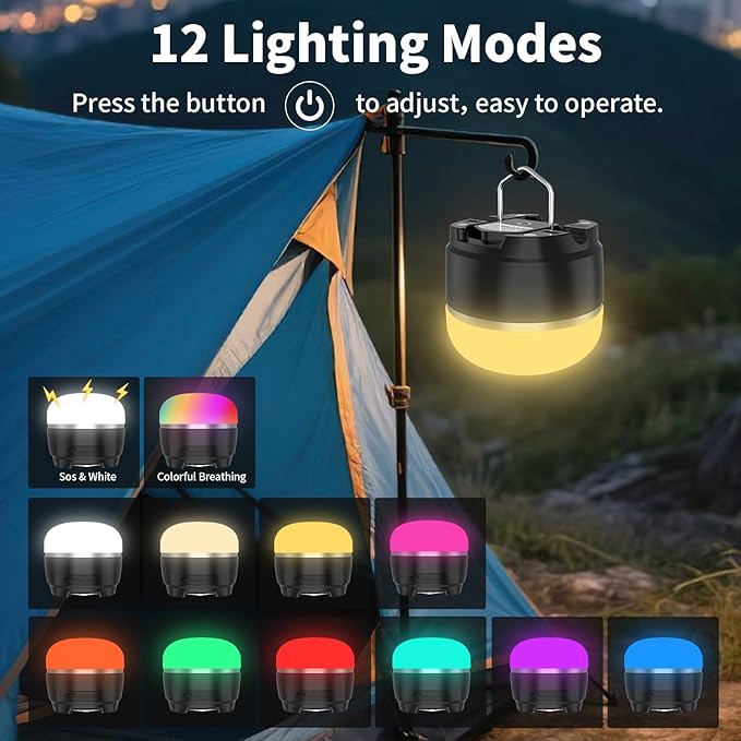 LED Camping Lantern Rechargeable, 1000LM Tent Light with 12 RGB Lighting Modes, 8000mAh Power Bank, Waterproof, Mini Flashlight with Magnetic Base for Emergency, Power Outages, Hiking, Home