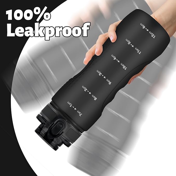 OLDLEY 25 oz Water Bottle, Motivational Water Bottle with Time Marker, Sports Water Bottle With Strap, Leakproof & BPA Free Large Water Bottles for School, Gym, Travel, Outdoor, Tritan,Black