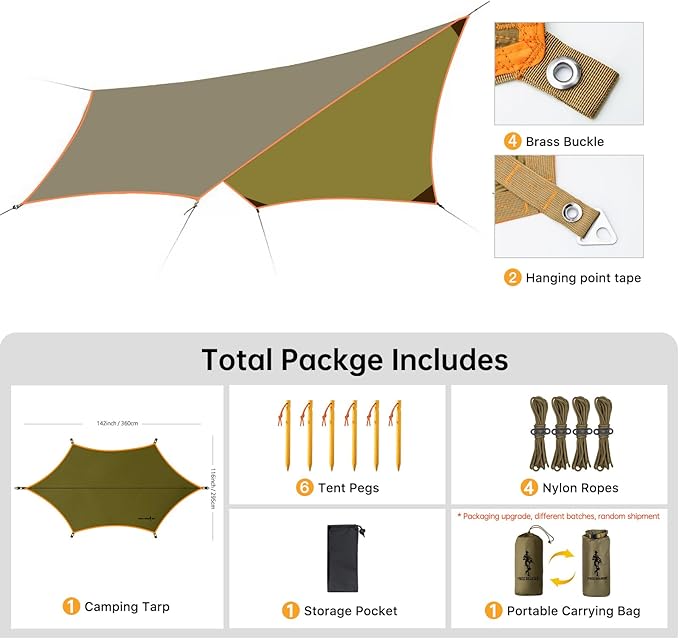FREE SOLDIER Camping Tarp Waterproof Portable Multifunctional Outdoor Camping Traveling Awning Backpacking Shelter Rain Tarp (Greenish Brown 6 Loop 10×12ft)