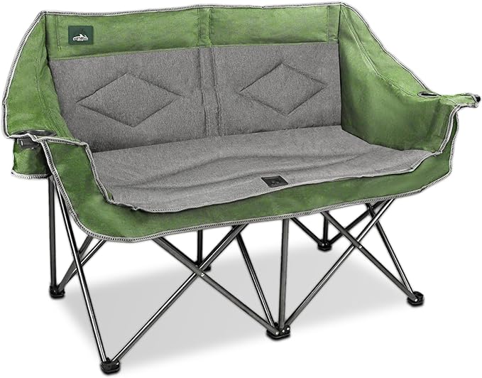 Northroad Folding Loveseat Camping Chair Portable Double Duo Full Padded Garden Chair for 2 Person Sofa w/ 2 Cup Holder,Wine Glass Holder,Mesh Storage,Support 600lbs for Picnic Beach Travel (Green)