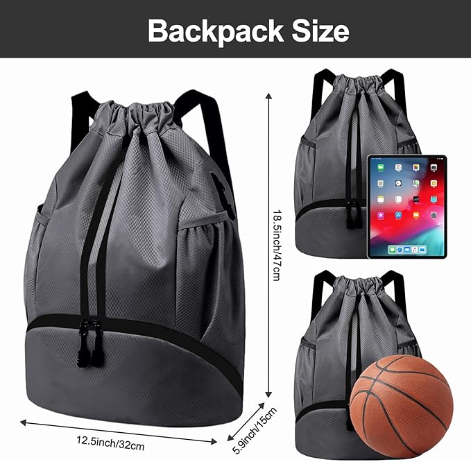Hoedia Sports Drawstring Backpack - String Swim Gym Bag with Shoes Compartment and Wet Proof Pocket for Women/Men (Dark Grey)