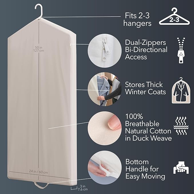 Luxury Cotton Garment Storage Bags, Medium and Large, Breathable Washable Reusable, for Hanging Clothes, Dresses, Jackets, Suits, Fits 3 Hangers, Zipper Window (2, 24x40 and 24x50)