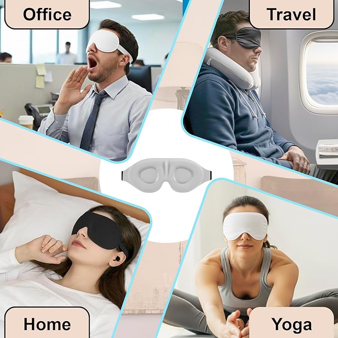 Luxury Sleep Mask – Pack of 2 Ultra-Soft Silk Eye Covers with Adjustable Strap & Soft Ear Loops, 3D Contoured Light Blocking Sleeping Mask for Travel, Naps & Relaxation(Black & Gray)