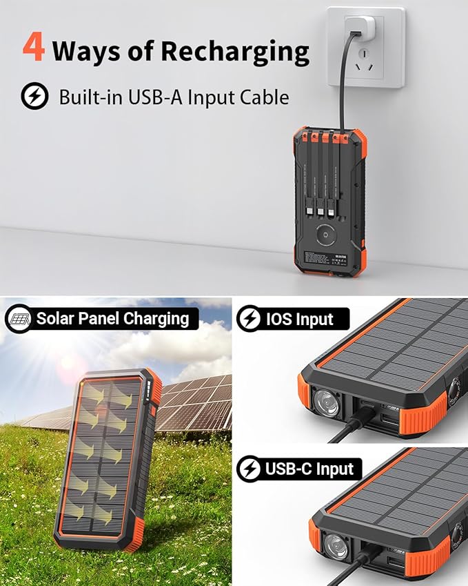 BLAVOR Solar Power Bank 74000mWh/20000mAh Built-in 4 Cables, 20W Fast Charging Portable Charger with USB C in/Output, Battery Pack for iPhone 16/15/14/13/12/11, iPad, Apple Watch, All Mobile Phones
