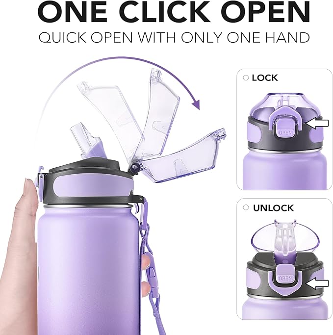 Enerbone 32 oz Insulated Water Bottle, Stainless Steel Bottle with Carrying Strap, Double-Wall Vacuum Insulation Design, Leakproof Sports Bottle with Straw, Keep Drinks Cold or Hot for Hours