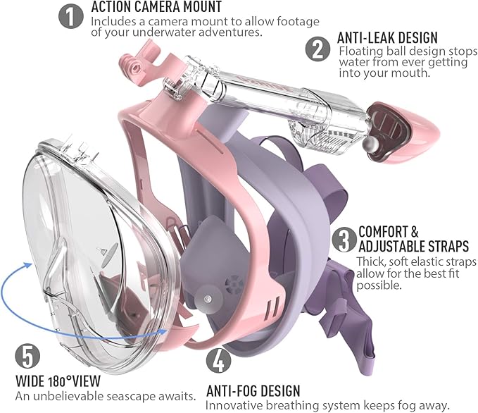 G2RISE Full Face Snorkel Mask Adults Snorkeling Set Gear for Kids with Detachable Camera Mount, Safe Breathing, Anti Fog Anti Leak