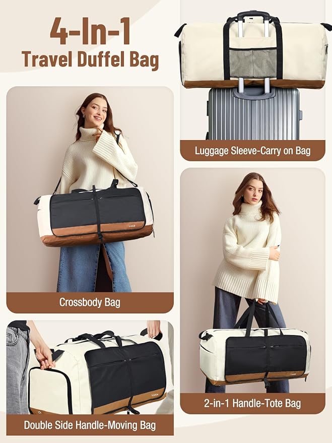 Lekesky Foldable Travel Duffle Bag for Women, Large Duffel Bag with Separate Shoes Compartments & Straps, Carry On Weekend Bag for Women, Hospital, Overnight (Camel & Brown, 80L)